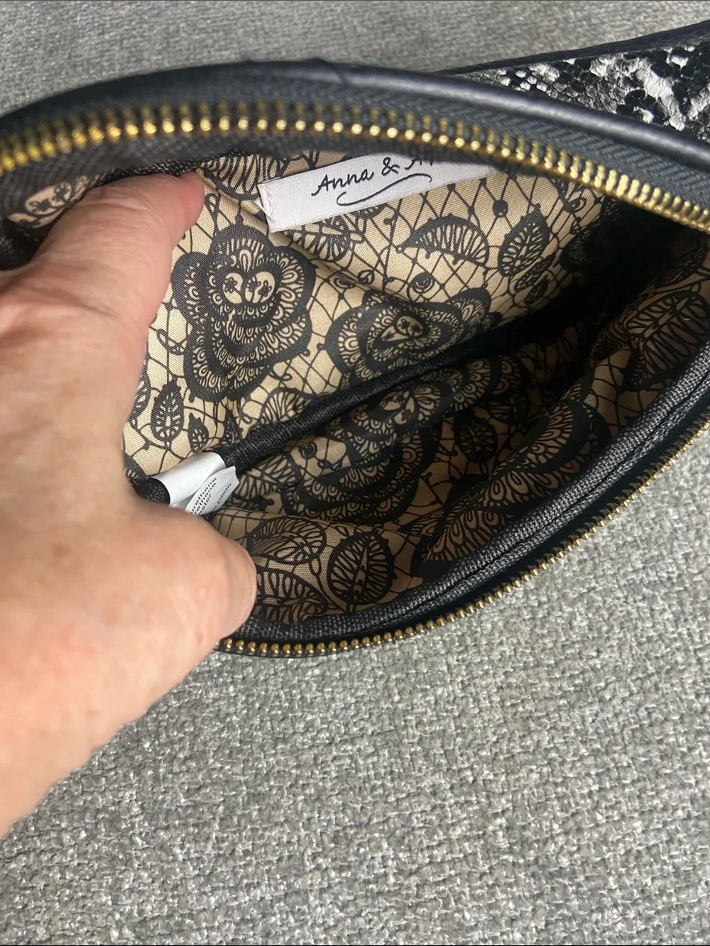 Black Faux Leather Crossbody Waist Bag with Snake-Print Panel